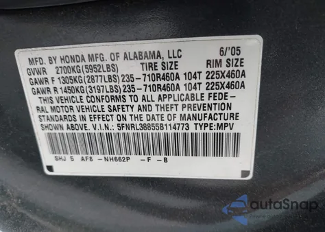 2005 Honda Odyssey Touring z USA, uszkodzony, nr VIN 5FNRL38855B114773